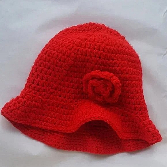 Womens Handmade Crochet Weird Girl Knit Scarlett Red Bell Floppy Bucket Hat - Picture 2 of 6
